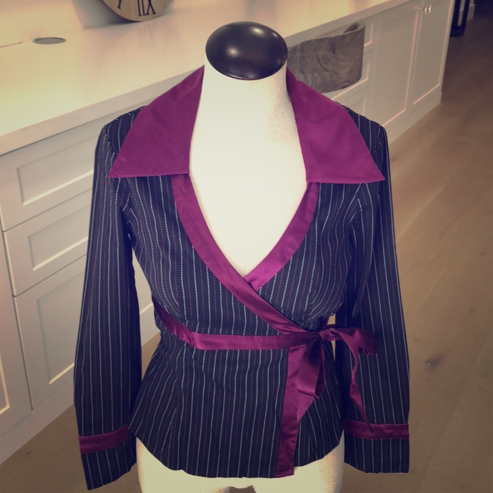 bebe Pinstripe Wrap Blouse with Purple Trim